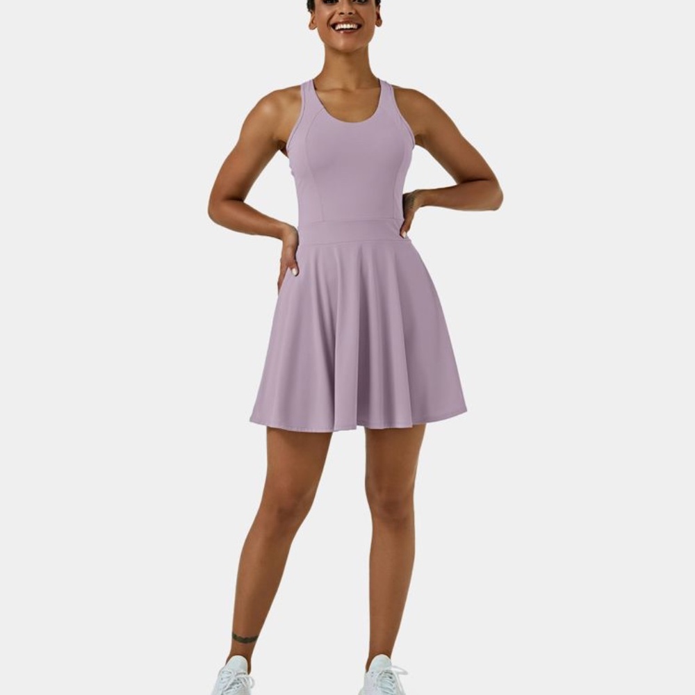 Halara Backless Racerback Flare Mini Golf Active Dress Pink Purple/M
